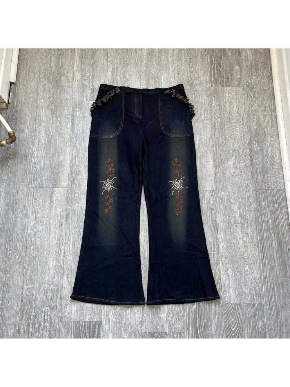 Navy Blue / White / Orange Vintage Low-Rise / Flared / Faded / Embroidered Pants